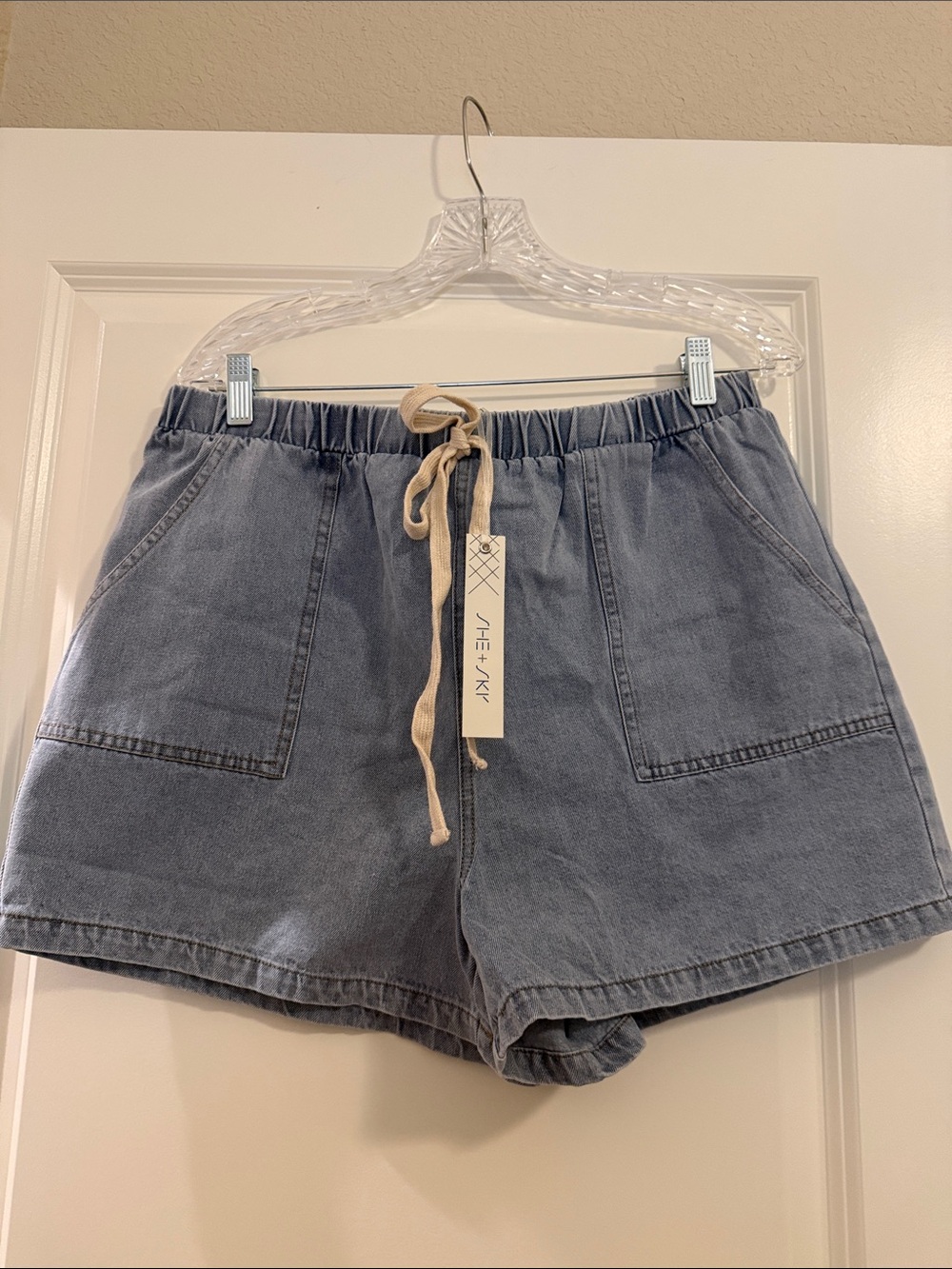 She + Sky Washed Blue High-Rise Drawstring Jean Shorts